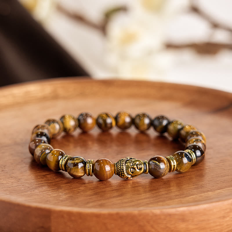 Bracelet d'équilibre tête de Bouddha œil de tigre bleu vert rouge Buddha Stones