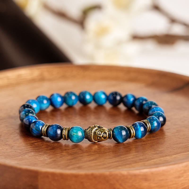 Bracelet d'équilibre tête de Bouddha œil de tigre bleu vert rouge Buddha Stones