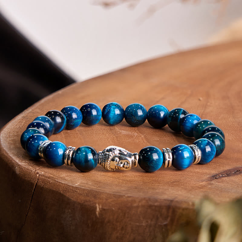 Bracelet d'équilibre tête de Bouddha œil de tigre bleu vert rouge Buddha Stones