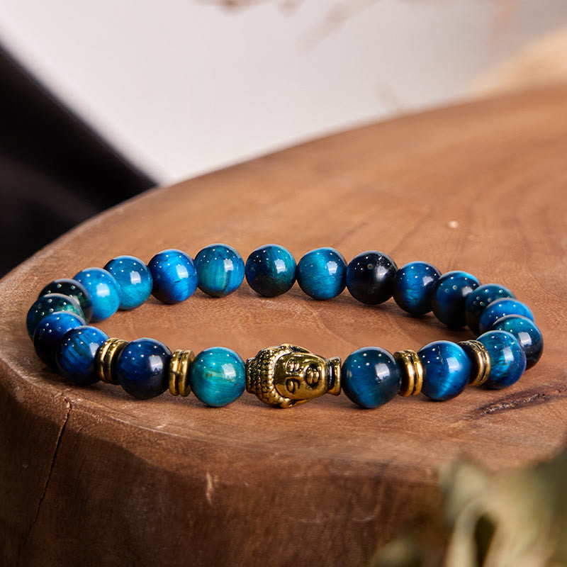 Bracelet d'équilibre tête de Bouddha œil de tigre bleu vert rouge Buddha Stones
