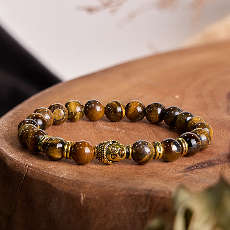 Bracelet d'équilibre tête de Bouddha œil de tigre bleu vert rouge Buddha Stones