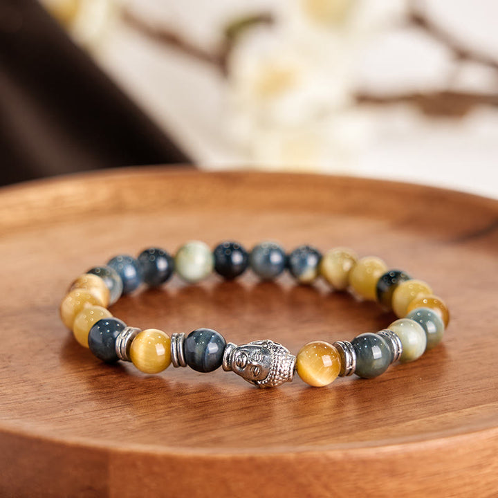 Bracelet d'équilibre tête de Bouddha œil de tigre bleu vert rouge Buddha Stones