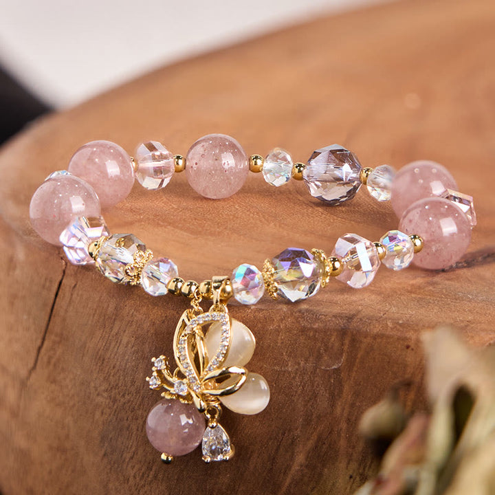 Bracelet de guérison papillon en quartz fraise naturel Buddha Stones