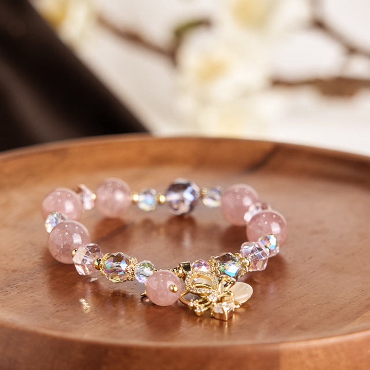Bracelet de guérison papillon en quartz fraise naturel Buddha Stones
