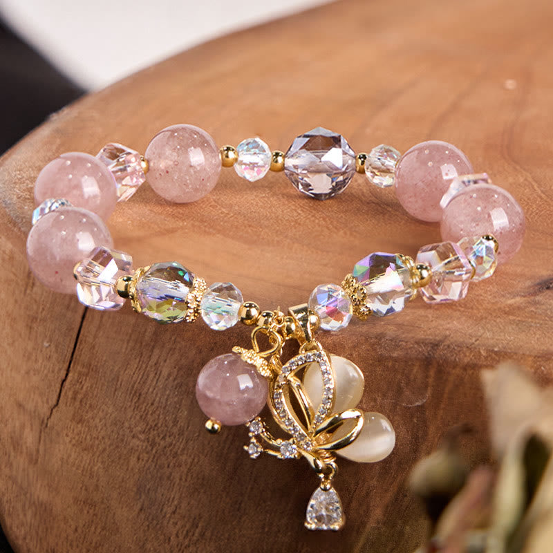 Bracelet de guérison papillon en quartz fraise naturel Buddha Stones