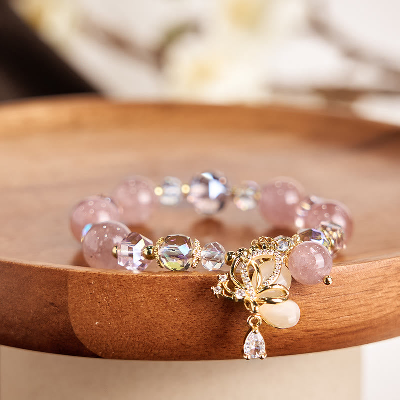 Bracelet de guérison papillon en quartz fraise naturel Buddha Stones
