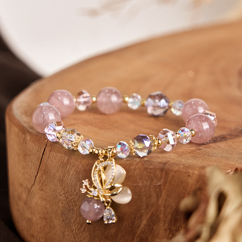 Bracelet de guérison papillon en quartz fraise naturel Buddha Stones