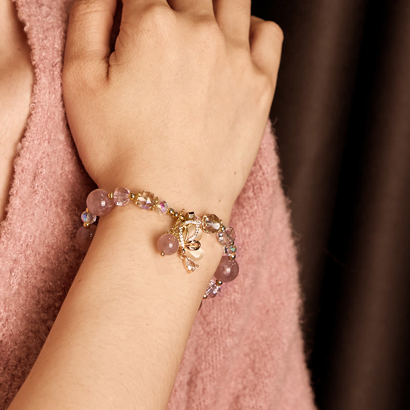 Bracelet de guérison papillon en quartz fraise naturel Buddha Stones