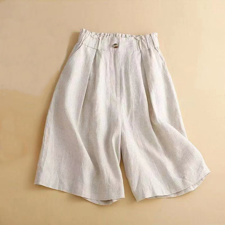 Short plissé uni en coton et lin avec poches pour femme avec fermeture éclair et boutons Buddha Stones - Beige - US12,UK/AU16,EU44 (3XL) - image 10