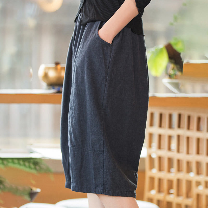 Short décontracté en coton ramie uni avec poches pour femme Buddha Stones