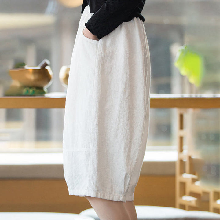 Short décontracté en coton ramie uni avec poches pour femme Buddha Stones