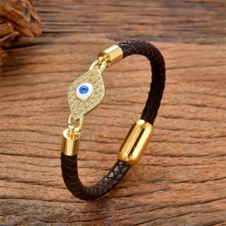 Bracelet en cuir avec boucle en métal et Buddha Stones pour la protection contre le mauvais œil