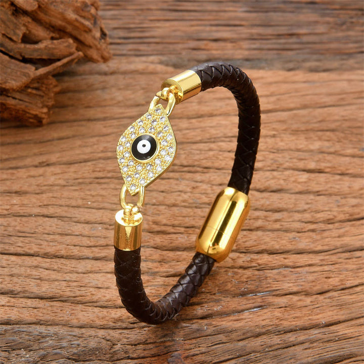 Bracelet en cuir avec boucle en métal et Buddha Stones pour la protection contre le mauvais œil