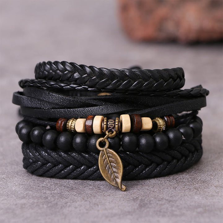 Ensemble de bracelets courageux en cuir torsadé multicouches avec feuilles et Buddha Stones