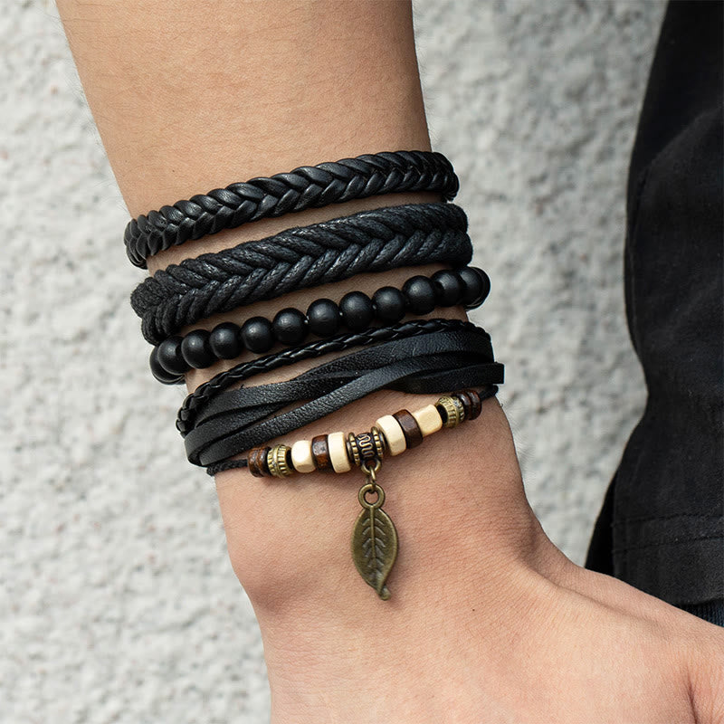 Ensemble de bracelets courageux en cuir torsadé multicouches avec feuilles et Buddha Stones