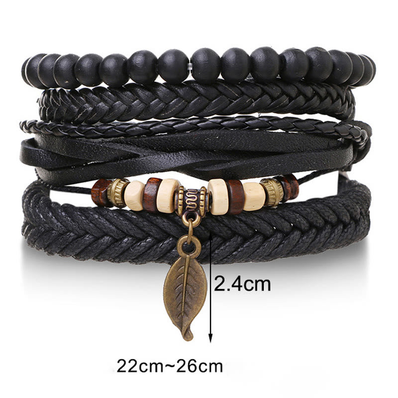 Ensemble de bracelets courageux en cuir torsadé multicouches avec feuilles et Buddha Stones