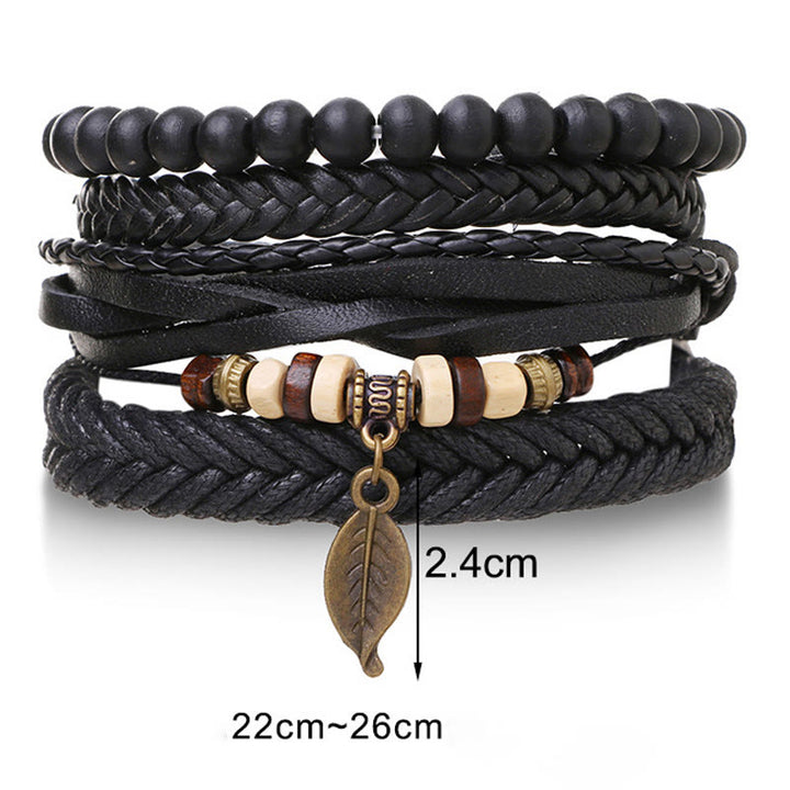 Ensemble de bracelets courageux en cuir torsadé multicouches avec feuilles et Buddha Stones