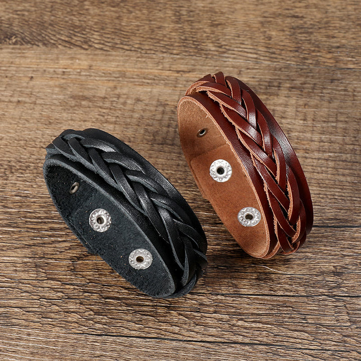 Bracelet en cuir tissé vintage avec boucle réglable et Buddha Stones