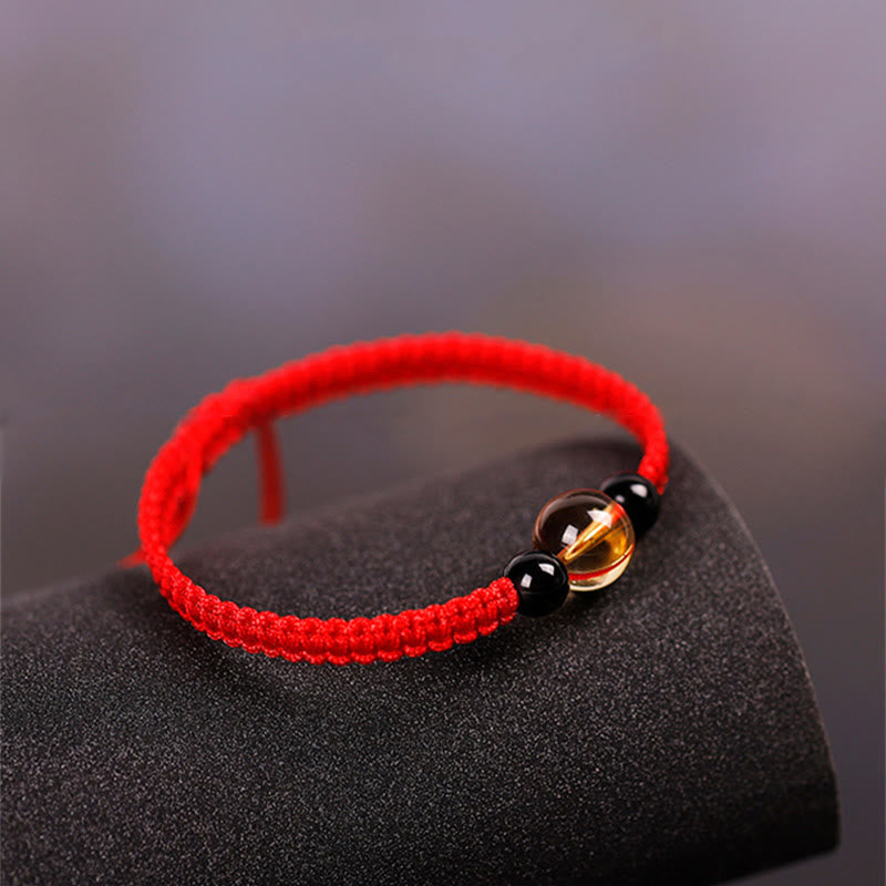 Bracelet en corde porte-bonheur avec nœud de paix et perles d'obsidienne noire en citrine fabriquées à la main par Buddha Stones