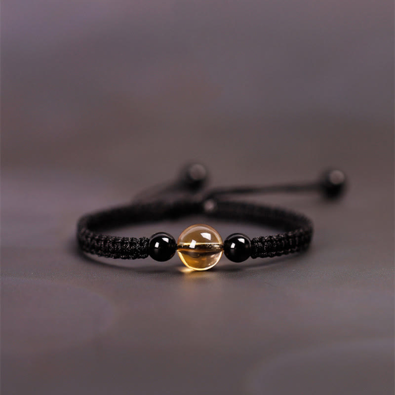 Bracelet en corde porte-bonheur avec nœud de paix et perles d'obsidienne noire en citrine fabriquées à la main par Buddha Stones