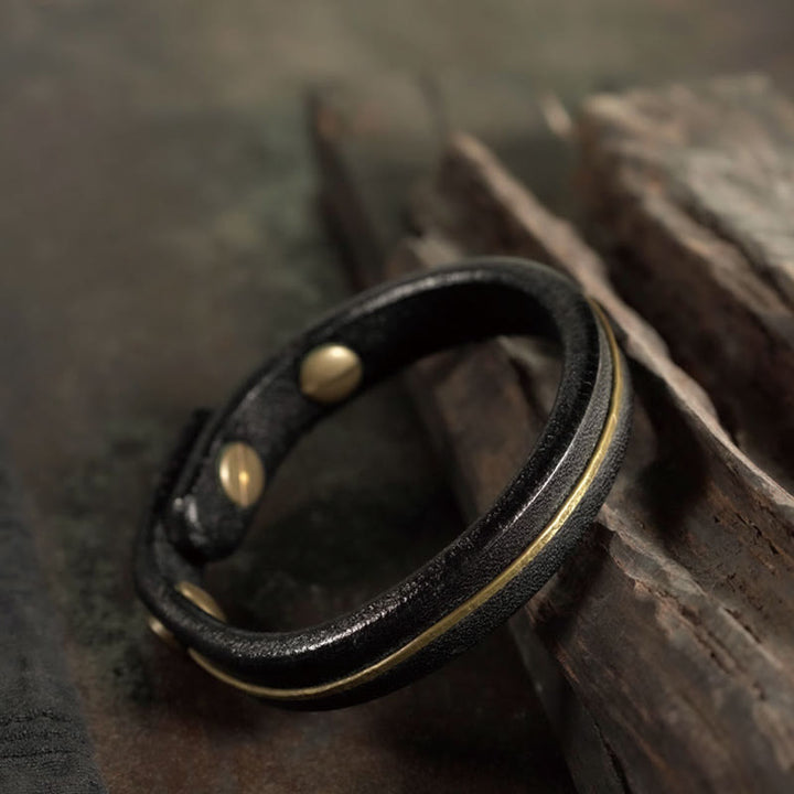 Bracelet de guérison vintage en cuir et fil de cuivre et laiton Buddha Stones