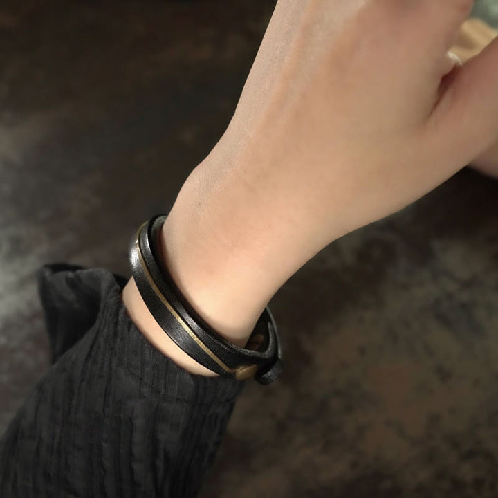 Bracelet de guérison vintage en cuir et fil de cuivre et laiton Buddha Stones