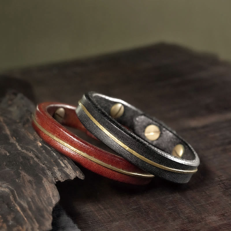 Bracelet de guérison vintage en cuir et fil de cuivre et laiton Buddha Stones