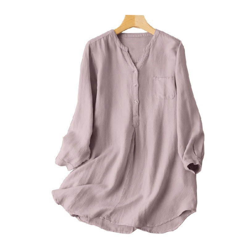 Chemise décontractée à col en V et manches longues pour femme avec trois boutons en polyester et Buddha Stones - image 1