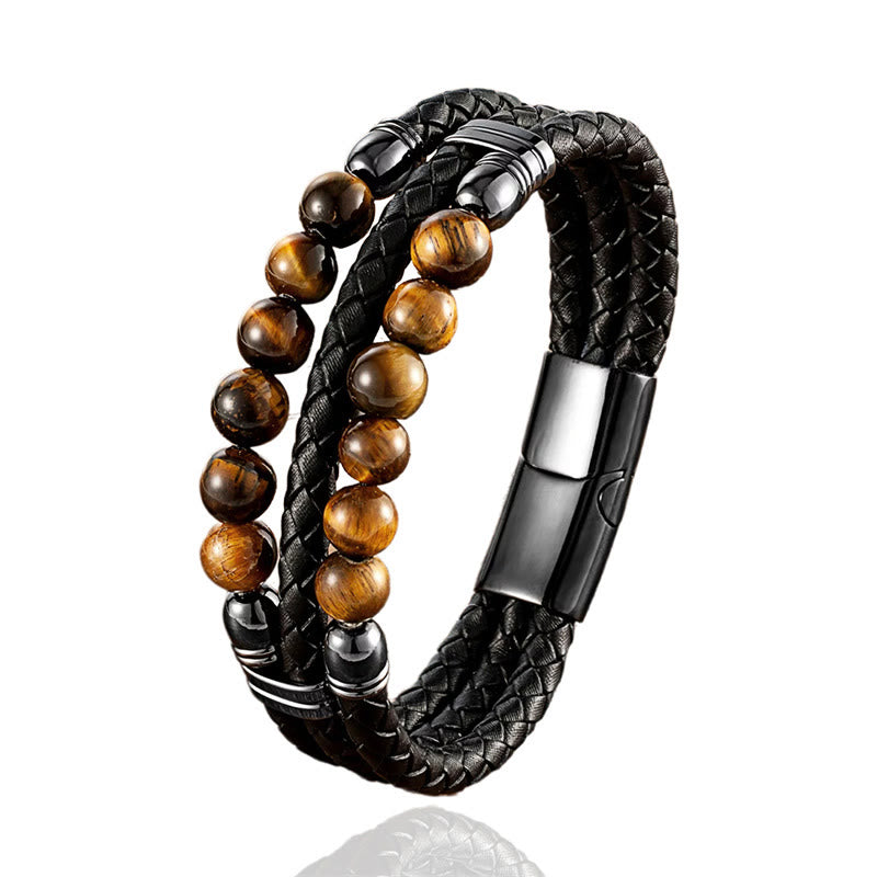 Bracelet en cuir avec Buddha Stones, œil de tigre, hématite, pierre de lave, onyx noir, perles de lazurite, protection et force