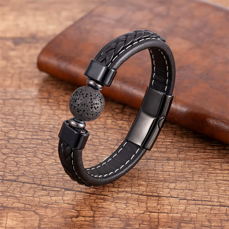 Bracelet en cuir avec Buddha Stones, lazurite, onyx noir, œil de tigre, pierre de lave, Om Mani Padme Hum, sérénité