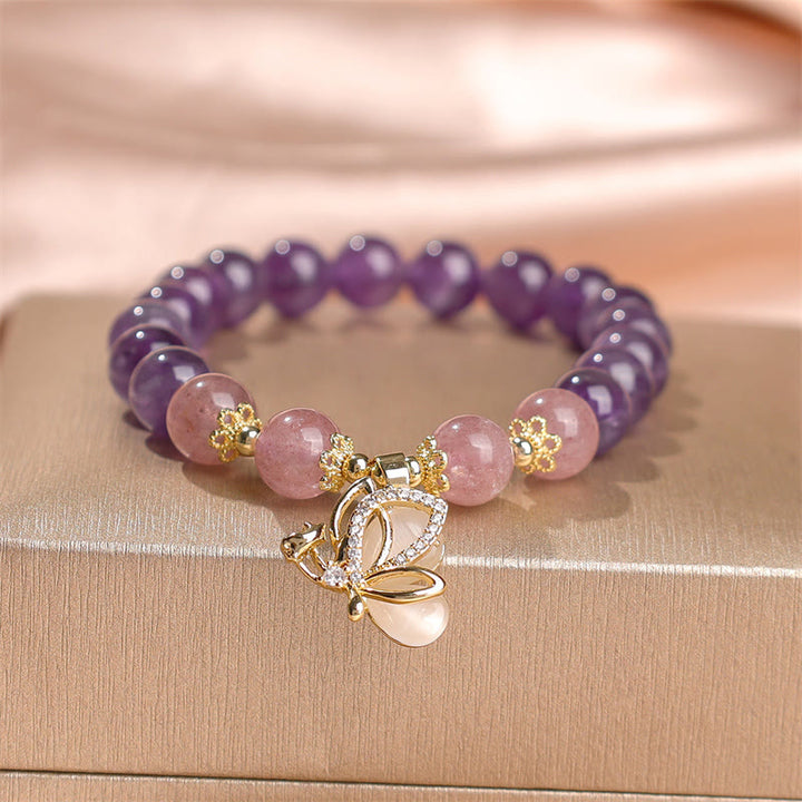 Bracelet à breloques papillon en cristal de quartz fraise et améthyste naturelle de Buddha Stones