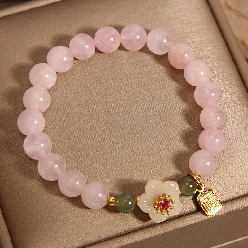 Bracelet de guérison des relations de caractère Fu en jade Hetian en quartz rose et fleur de pêcher en Buddha Stones