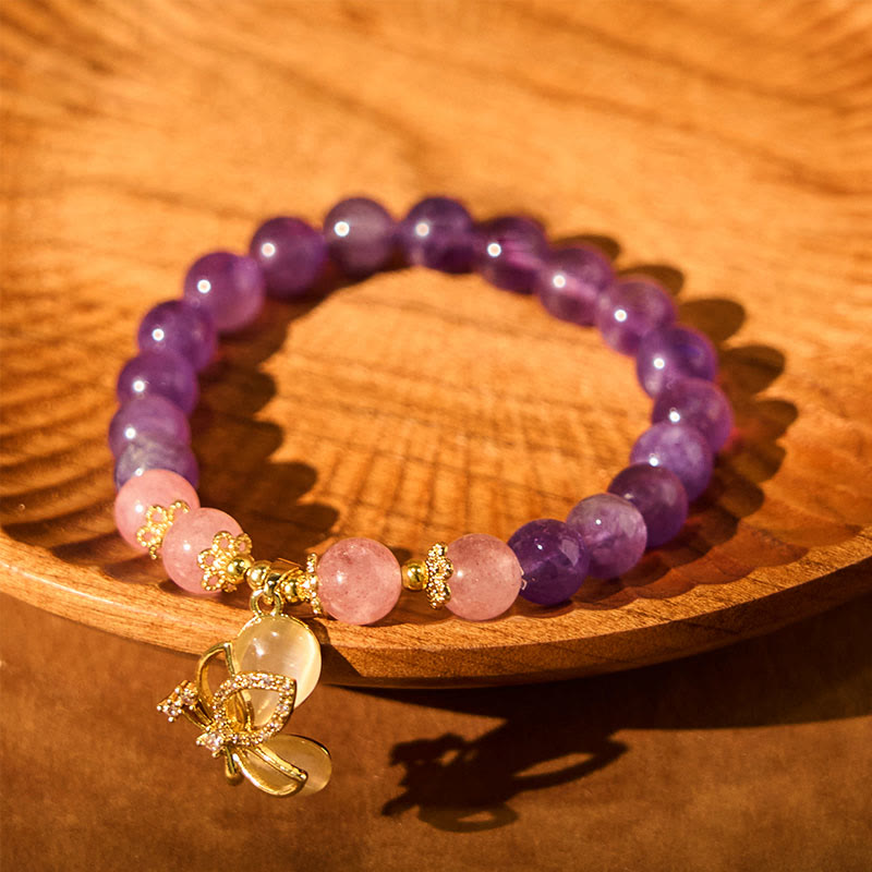 Bracelet à breloques papillon en cristal de quartz fraise et améthyste naturelle de Buddha Stones