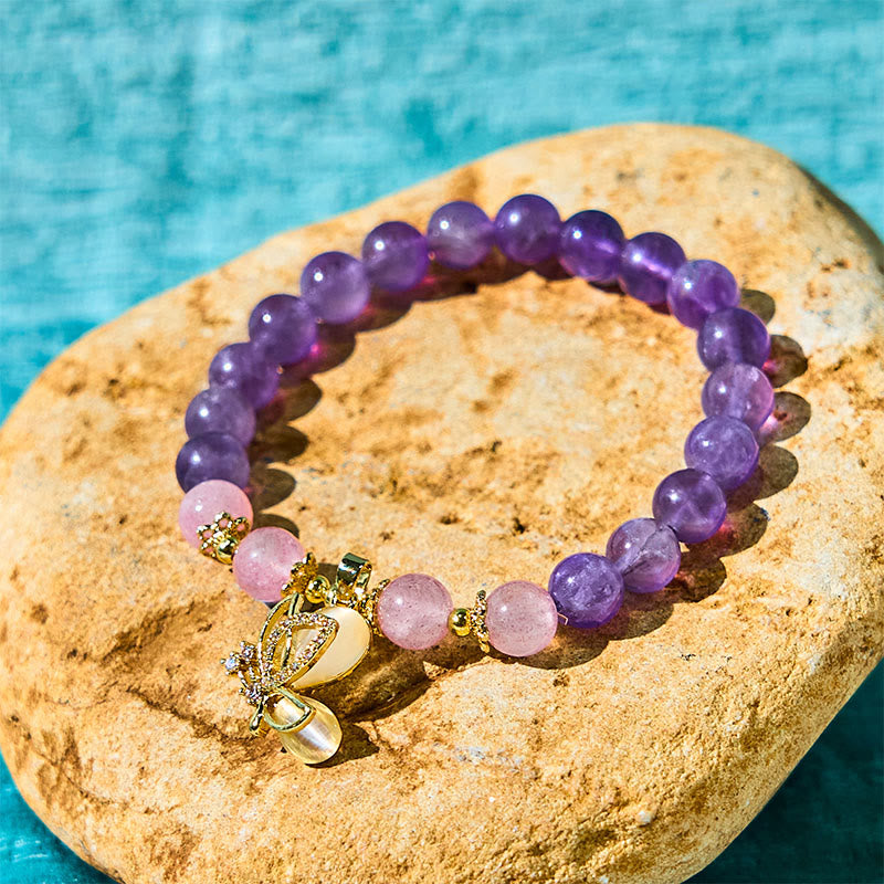Bracelet à breloques papillon en cristal de quartz fraise et améthyste naturelle de Buddha Stones
