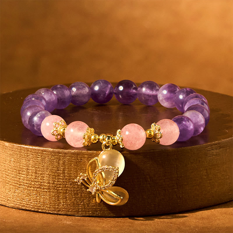 Bracelet à breloques papillon en cristal de quartz fraise et améthyste naturelle de Buddha Stones