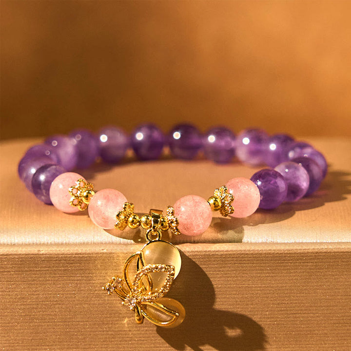 Bracelet à breloques papillon en cristal de quartz fraise et améthyste naturelle de Buddha Stones