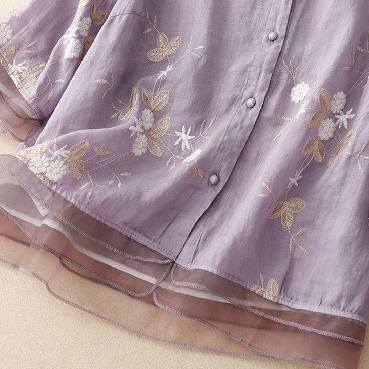 Chemise cardigan décontractée en coton à manches mi-longues et col ras du cou pour femme avec Buddha Stones brodés en organza - image 3