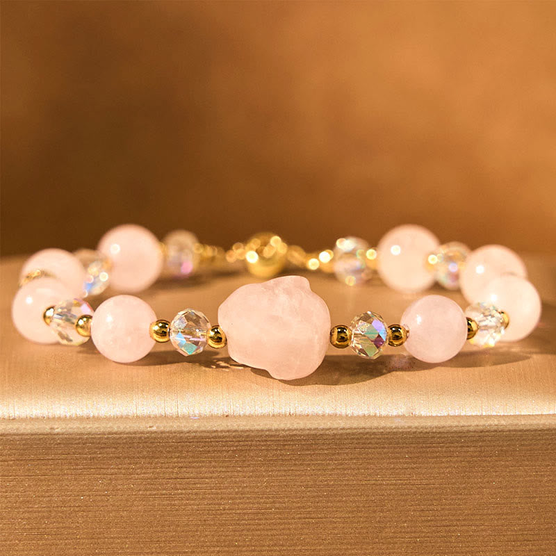 Bracelet de guérison en cristal de quartz rose Buddha Stones avec chaîne et lapin