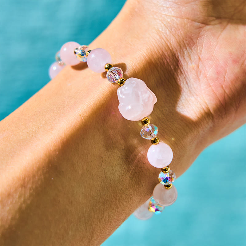 Bracelet de guérison en cristal de quartz rose Buddha Stones avec chaîne et lapin