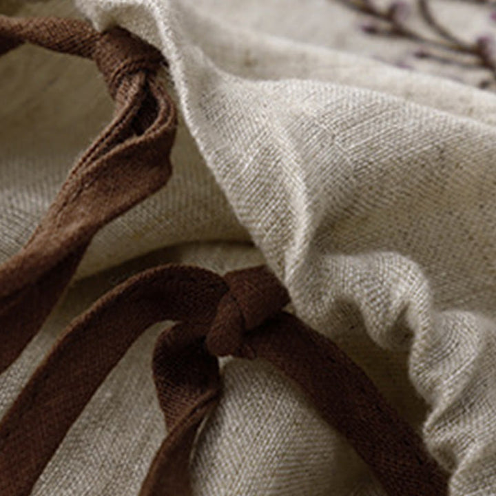 T-shirt décontracté en coton et lin à manches mi-longues avec cordon de serrage et broderie d'arbre en Buddha Stones pour femmes