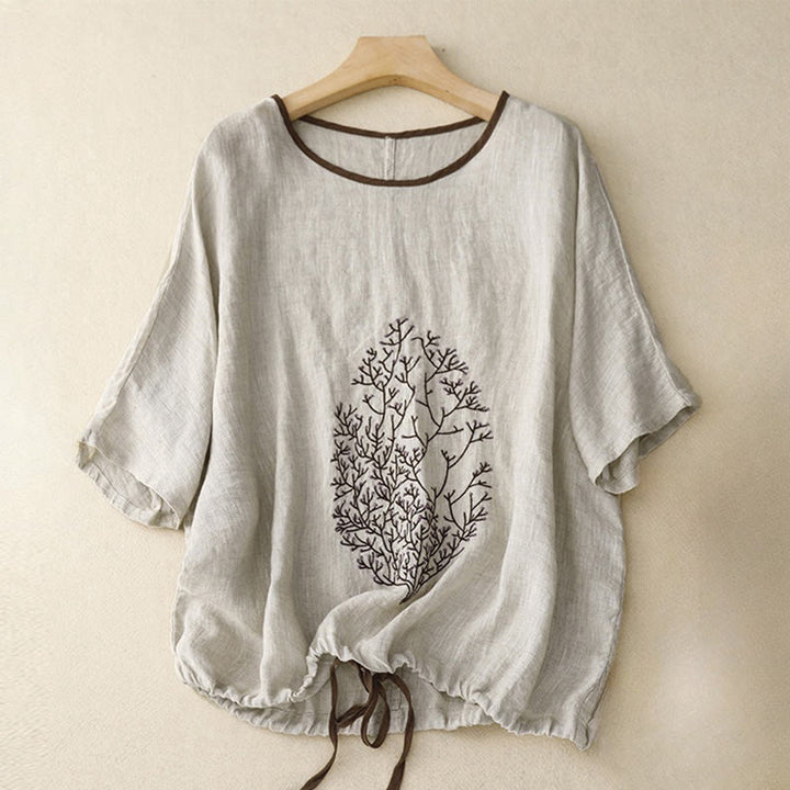 T-shirt décontracté en coton et lin à manches mi-longues avec cordon de serrage et broderie d'arbre en Buddha Stones pour femmes