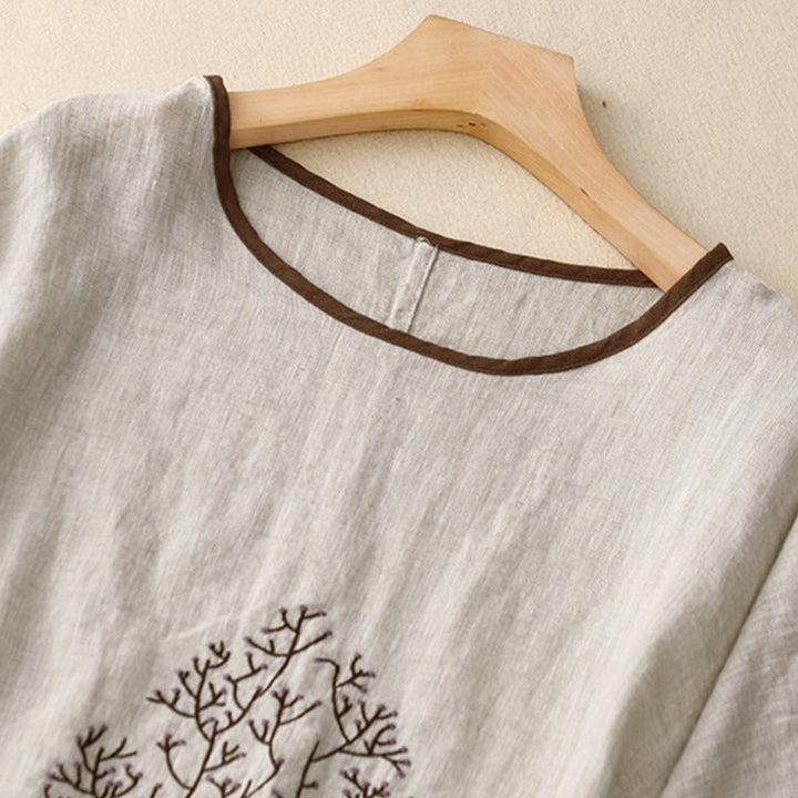 T-shirt décontracté en coton et lin à manches mi-longues avec cordon de serrage et broderie d'arbre en Buddha Stones pour femmes