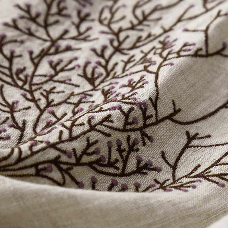 T-shirt décontracté en coton et lin à manches mi-longues avec cordon de serrage et broderie d'arbre en Buddha Stones pour femmes