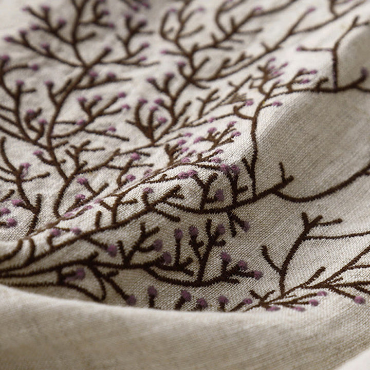 T-shirt décontracté en coton et lin à manches mi-longues avec cordon de serrage et broderie d'arbre en Buddha Stones pour femmes