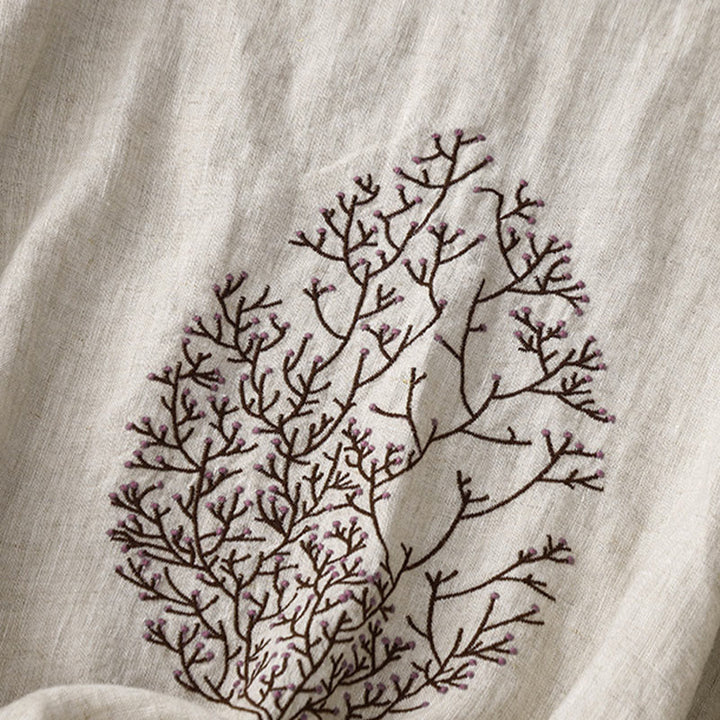 T-shirt décontracté en coton et lin à manches mi-longues avec cordon de serrage et broderie d'arbre en Buddha Stones pour femmes