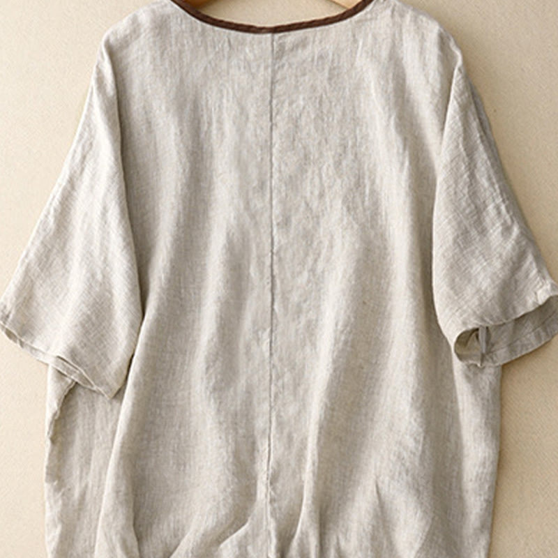 T-shirt décontracté en coton et lin à manches mi-longues avec cordon de serrage et broderie d'arbre en Buddha Stones pour femmes