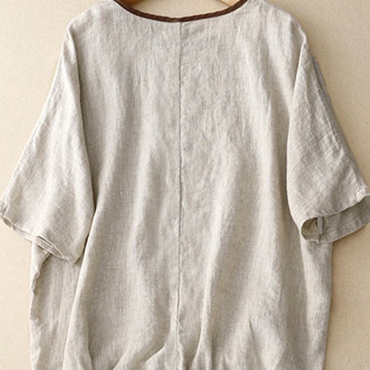 T-shirt décontracté en coton et lin à manches mi-longues avec cordon de serrage et broderie d'arbre en Buddha Stones pour femmes