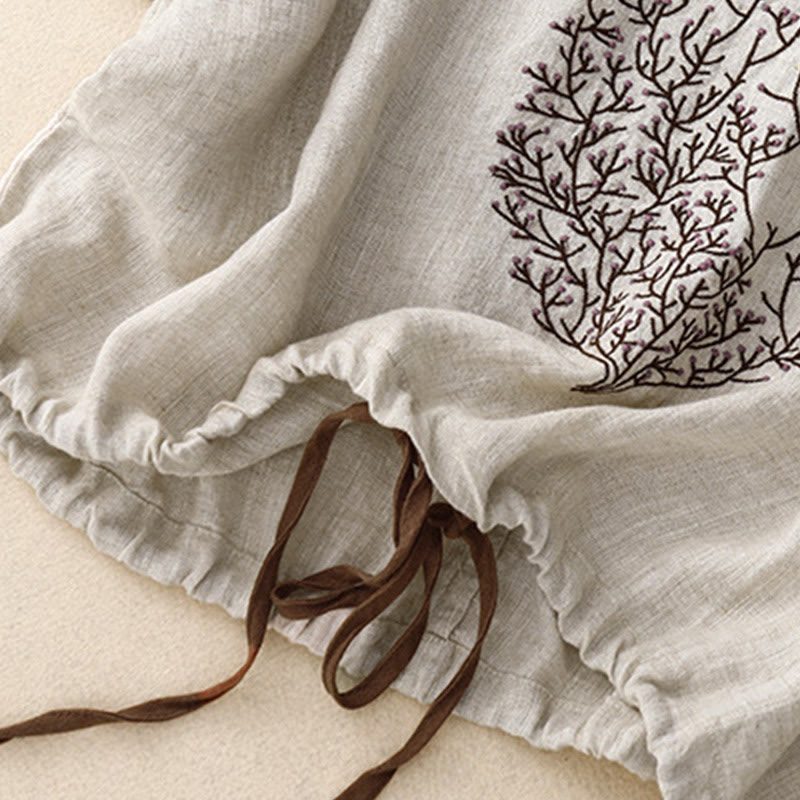 T-shirt décontracté en coton et lin à manches mi-longues avec cordon de serrage et broderie d'arbre en Buddha Stones pour femmes