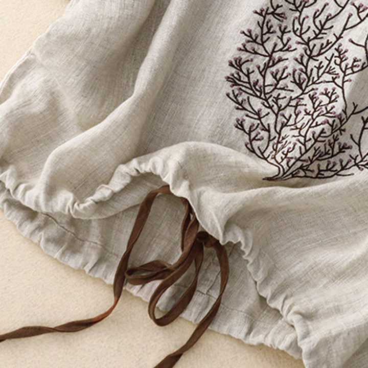 T-shirt décontracté en coton et lin à manches mi-longues avec cordon de serrage et broderie d'arbre en Buddha Stones pour femmes