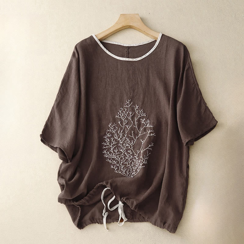 T-shirt décontracté en coton et lin à manches mi-longues avec cordon de serrage et broderie d'arbre en Buddha Stones pour femmes